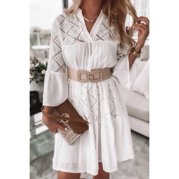 Boho White Lace V-Neck Mini Dress - Picture 4 of 5